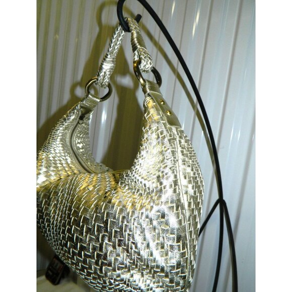 Cole Haan Genevieve Top Zip Hobo Metallic Gold Woven Leather Shoulder Bag - Picture 6 of 16